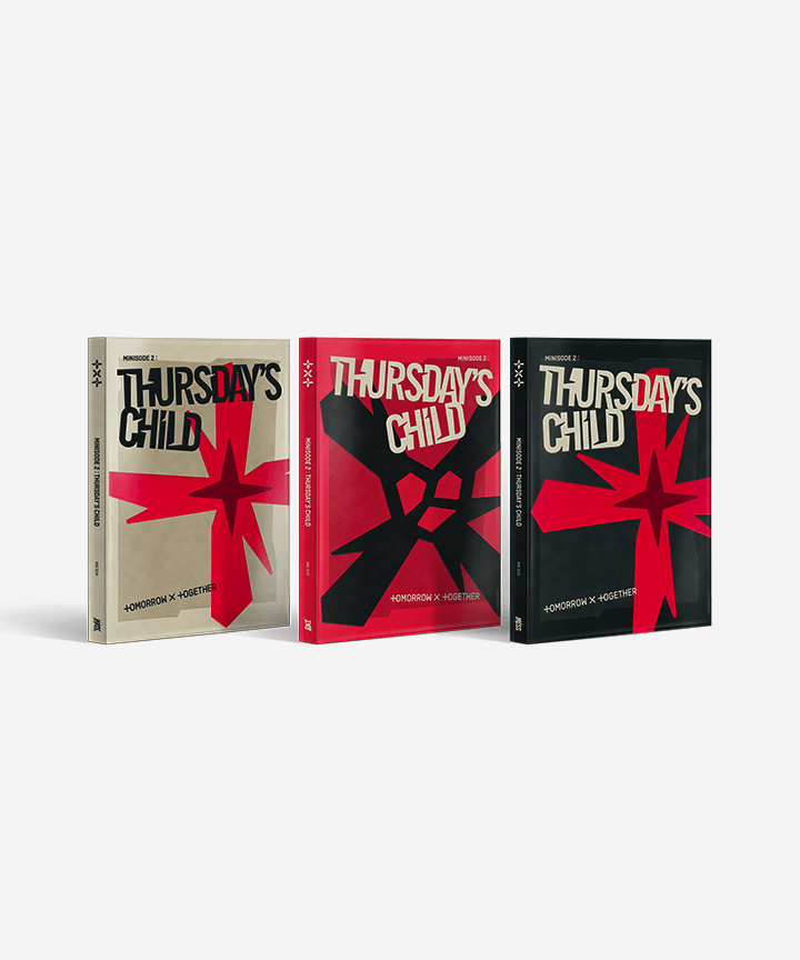 TXT minisode 2: Thursday's Child — trzy photobooki: beżowy HATE, czerwony END i czarny MESS, każdy z czerwono-czarnym znakiem X na okładce