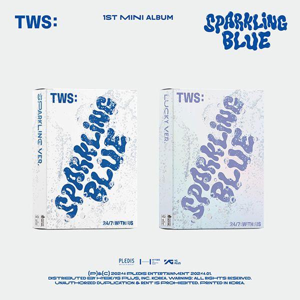 TWS Sparkling Blue — dwa pudełka z niebieskim napisem wśród bąbelków: białe wersji SPARKLING i opalizujące fioletowe wersji LUCKY
