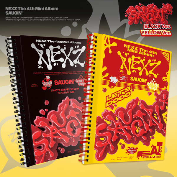 NEXZ SAUCIN' — dwie wersje photobooka na spirali: czarna BLACK ver. i żółta YELLOW ver., obie z czerwonym napisem jak z sosu