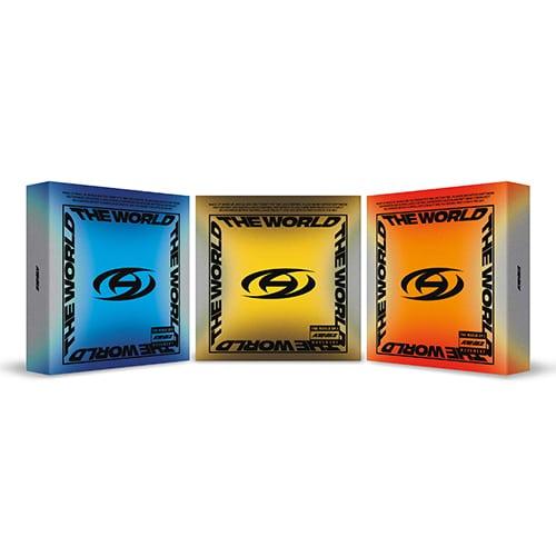 ATEEZ THE WORLD EP.1: MOVEMENT — trzy wersje pudełek obok siebie: niebieska A, złota DIARY i pomarańczowa Z, z logo ATEEZ w ramce z napisu THE WORLD